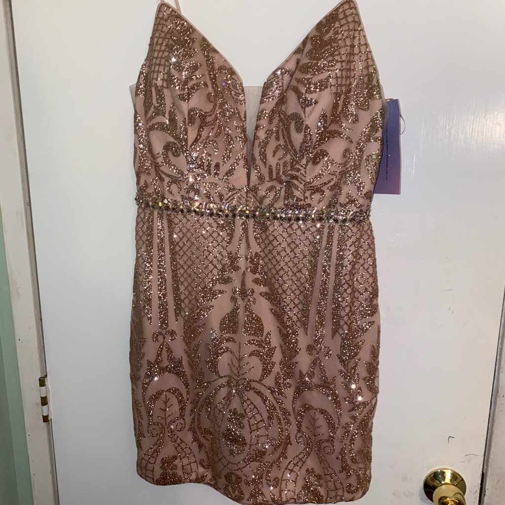 rose gold strappy sheer panel sequin bodycon dress Miss Circle Women's Raizel Gold Beaded Sequin Bodycon Gown with Scarf
